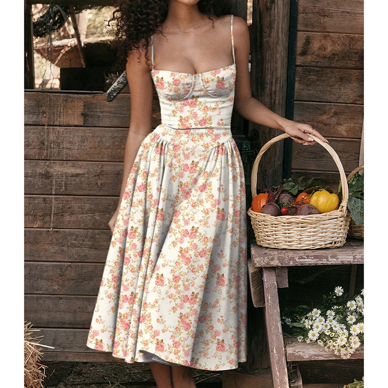 Elegant Spaghetti Strap Midi A Line Summer Dress