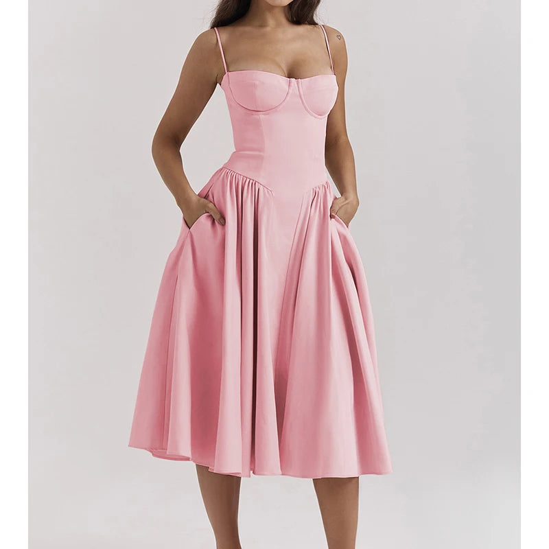 Elegant Spaghetti Strap Midi A Line Summer Dress