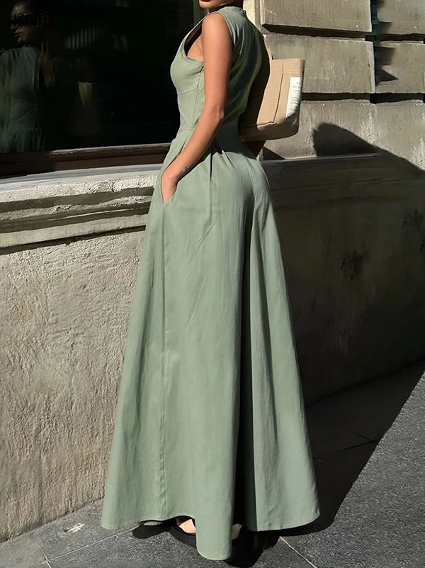 Lady Solid Color V-Neck Zipper Loose Pockets Fashion Jumpsuit