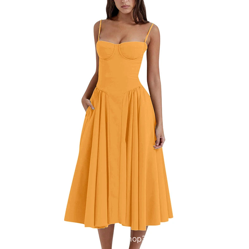 Elegant Spaghetti Strap Midi A Line Summer Dress