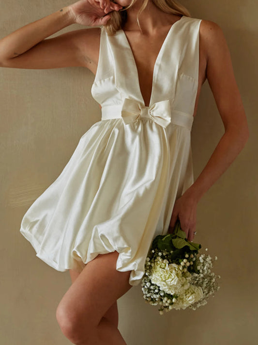 Elegant Babydoll Dress with Ruffle Bubble Hemline and Bow Belt