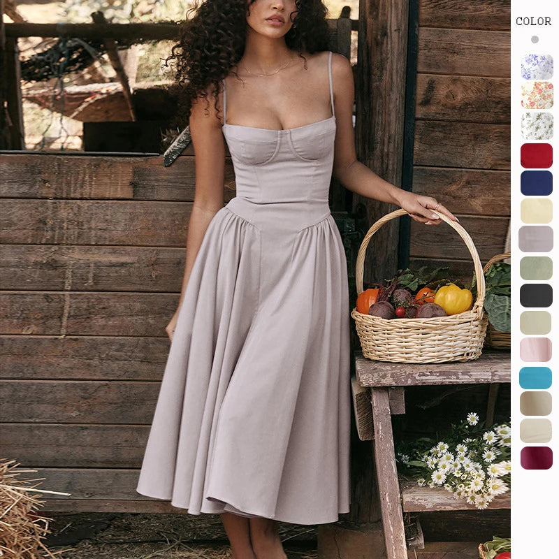 Elegant Spaghetti Strap Midi A Line Summer Dress