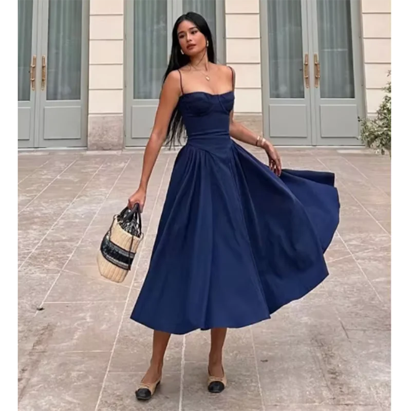 Elegant Spaghetti Strap Midi A Line Summer Dress