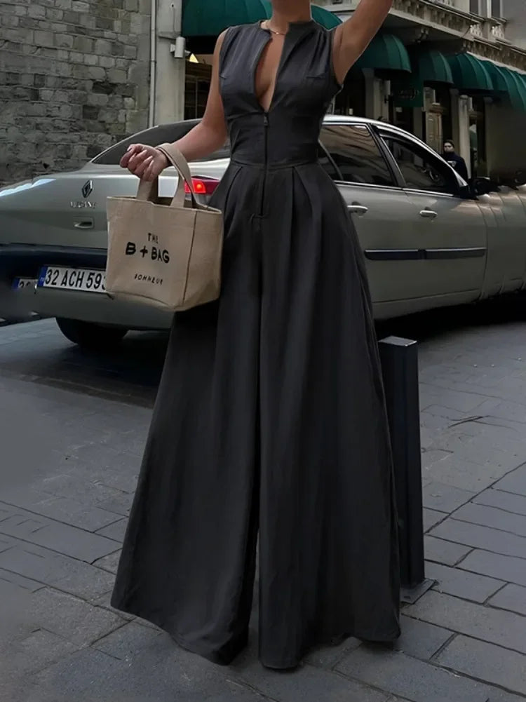 Lady Solid Color V-Neck Zipper Loose Pockets Fashion Jumpsuit