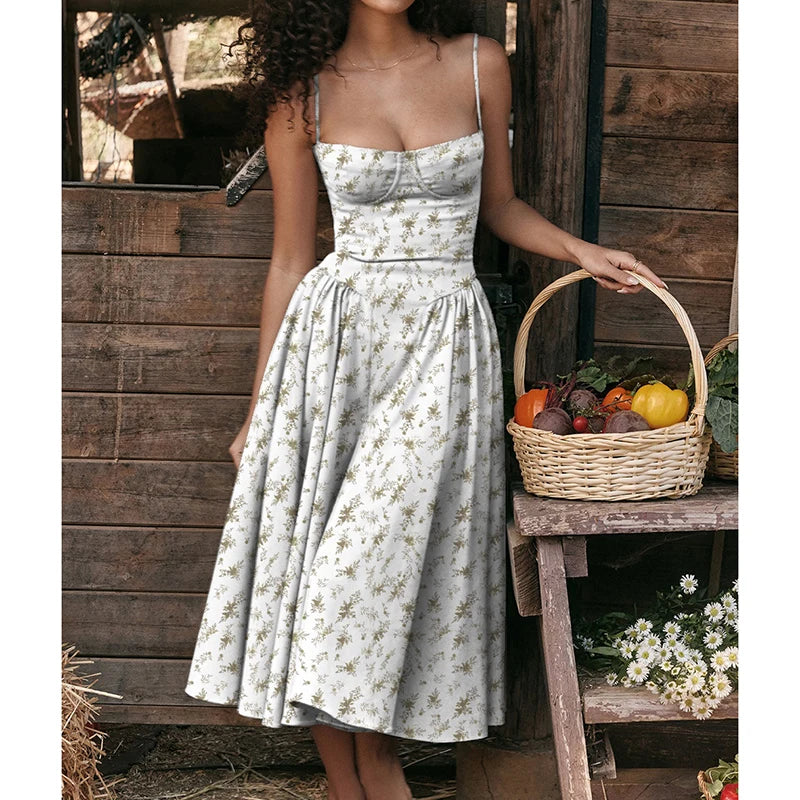 Elegant Spaghetti Strap Midi A Line Summer Dress