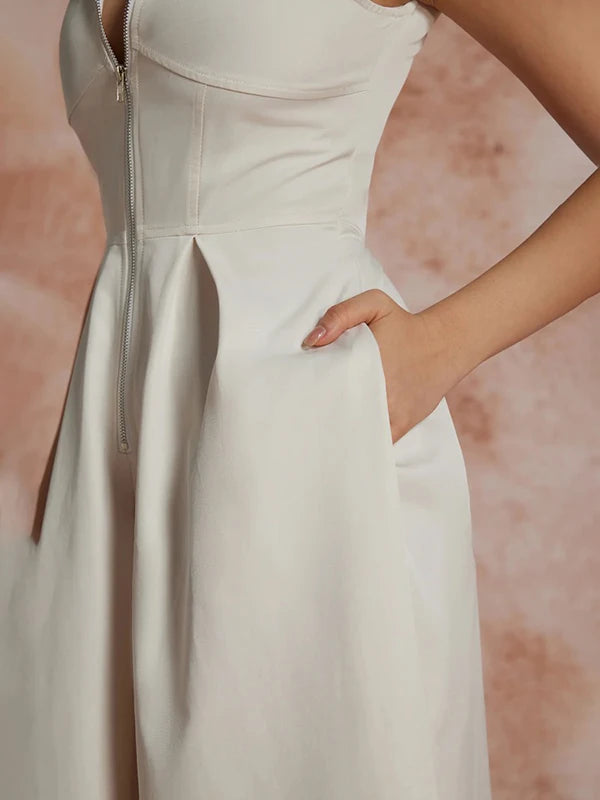 Lady Solid Color V-Neck Zipper Loose Pockets Fashion Jumpsuit