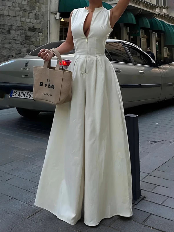 Lady Solid Color V-Neck Zipper Loose Pockets Fashion Jumpsuit