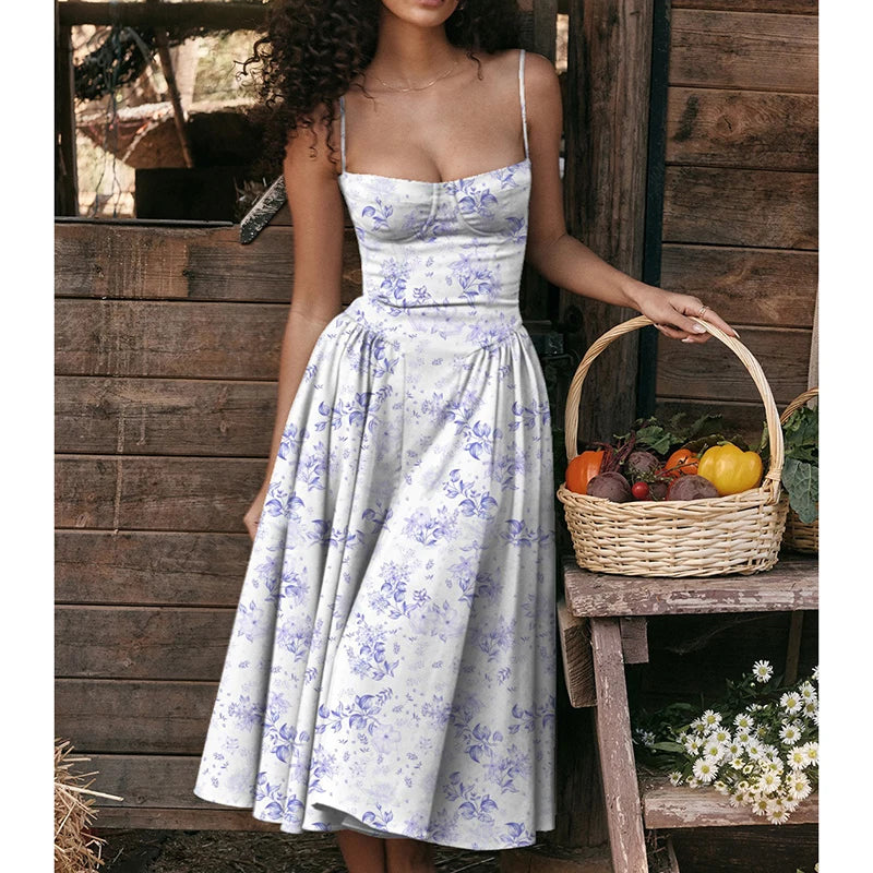 Elegant Spaghetti Strap Midi A Line Summer Dress