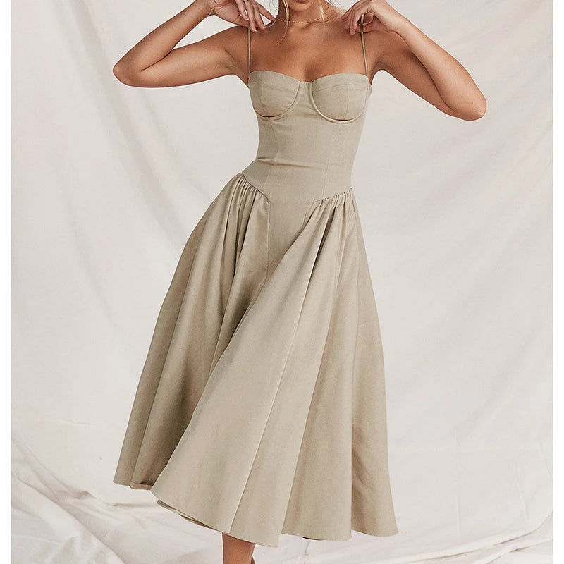 Elegant Spaghetti Strap Midi A Line Summer Dress