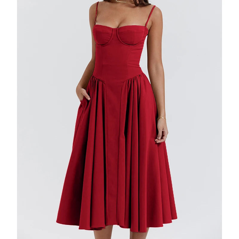 Elegant Spaghetti Strap Midi A Line Summer Dress