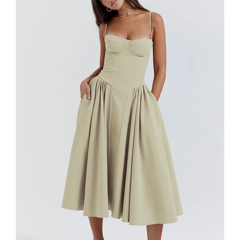 Elegant Spaghetti Strap Midi A Line Summer Dress