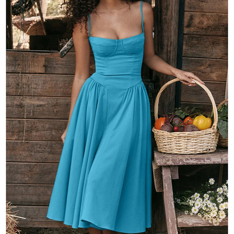 Elegant Spaghetti Strap Midi A Line Summer Dress