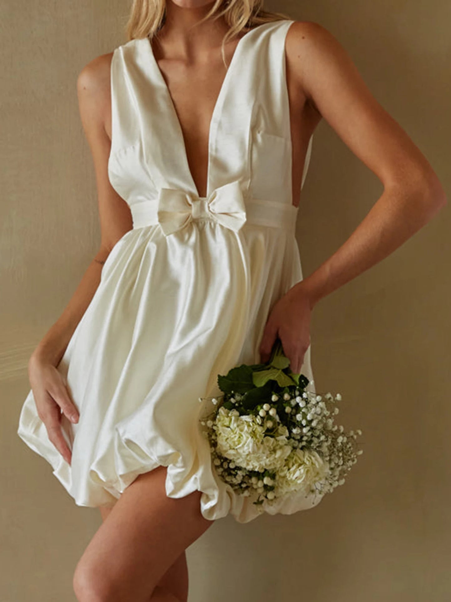 Elegant Babydoll Dress with Ruffle Bubble Hemline and Bow Belt