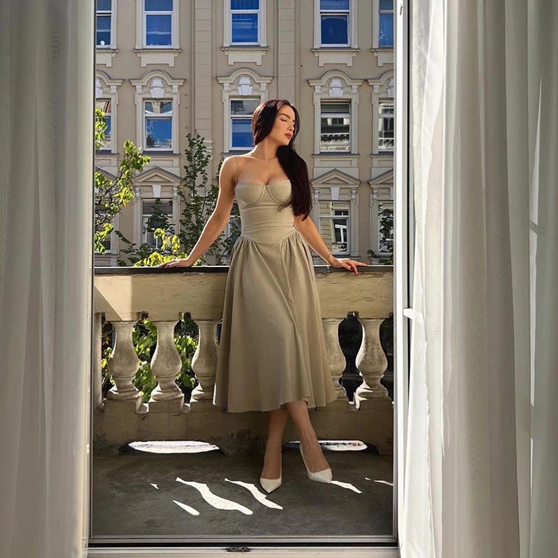 Elegant Spaghetti Strap Midi A Line Summer Dress
