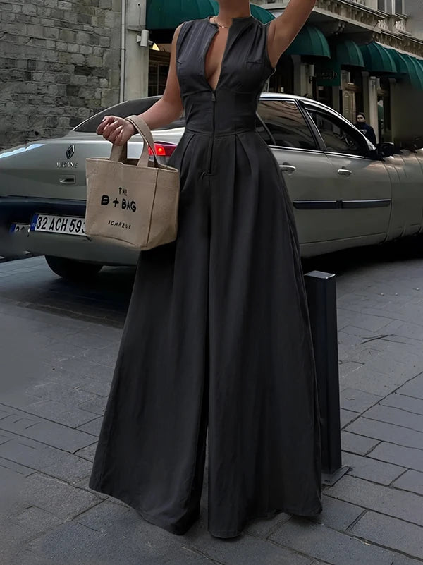 Lady Solid Color V-Neck Zipper Loose Pockets Fashion Jumpsuit