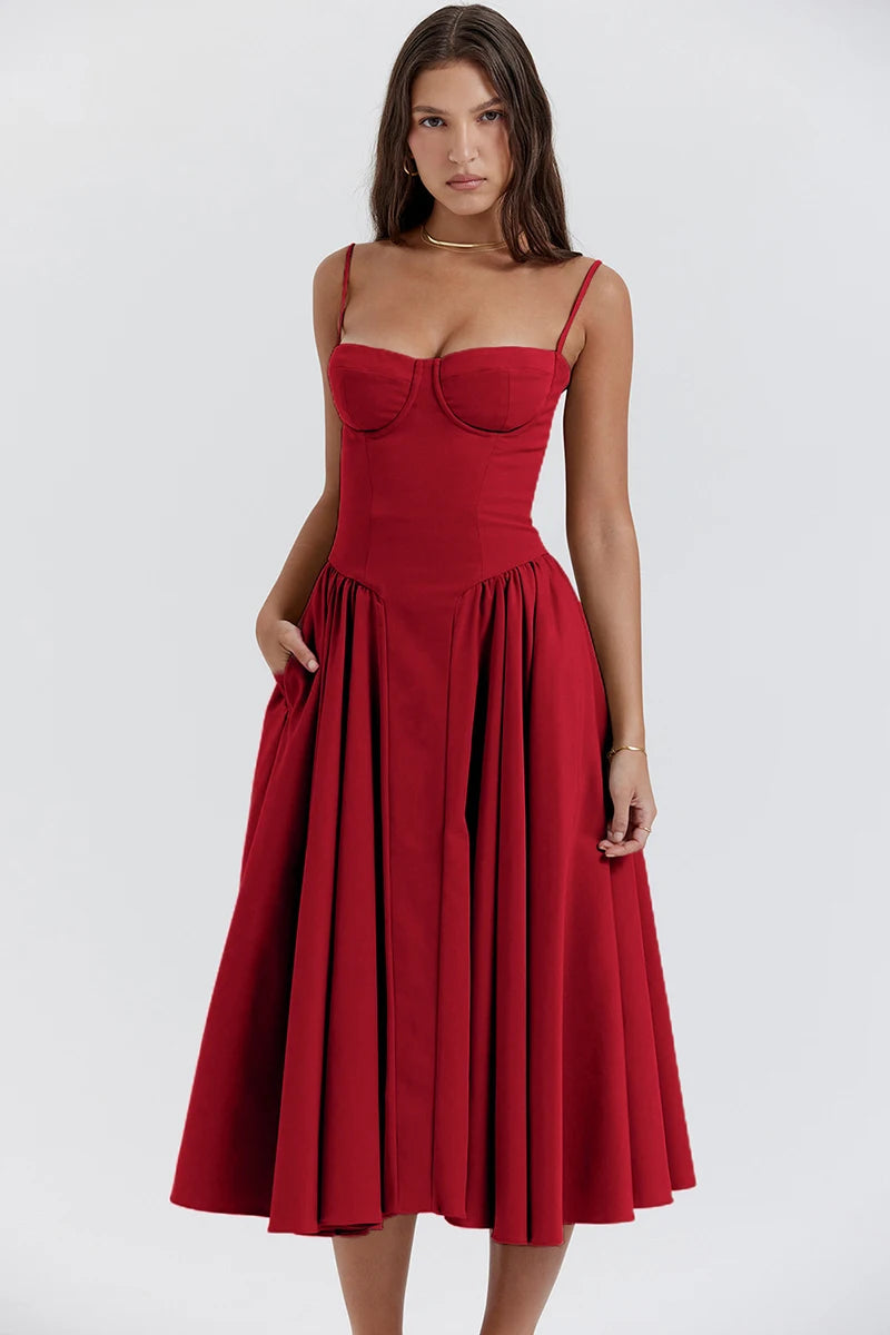Elegant Spaghetti Strap Midi A Line Summer Dress