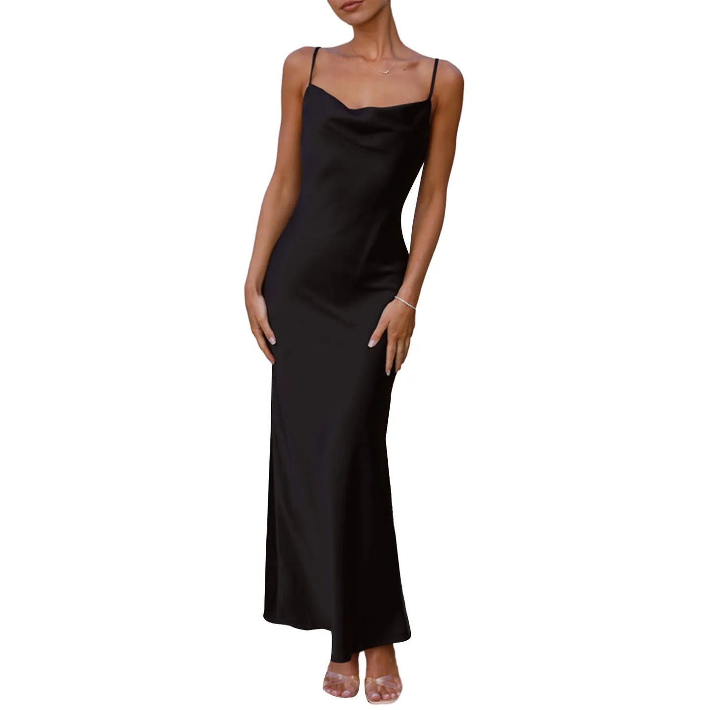 Women Spaghetti Strap Cowl Neck Cami Dress