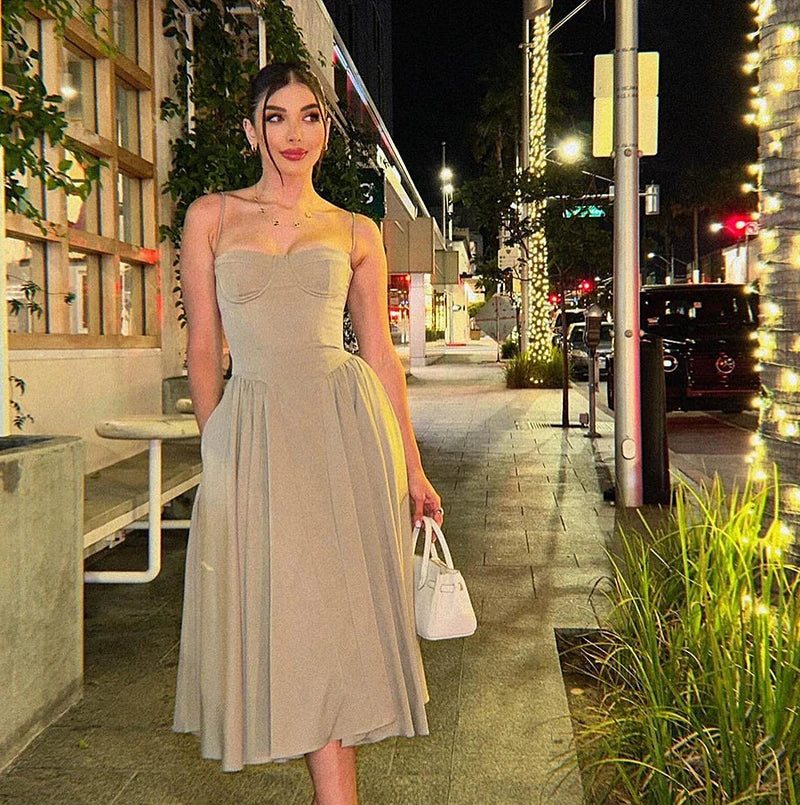 Elegant Spaghetti Strap Midi A Line Summer Dress